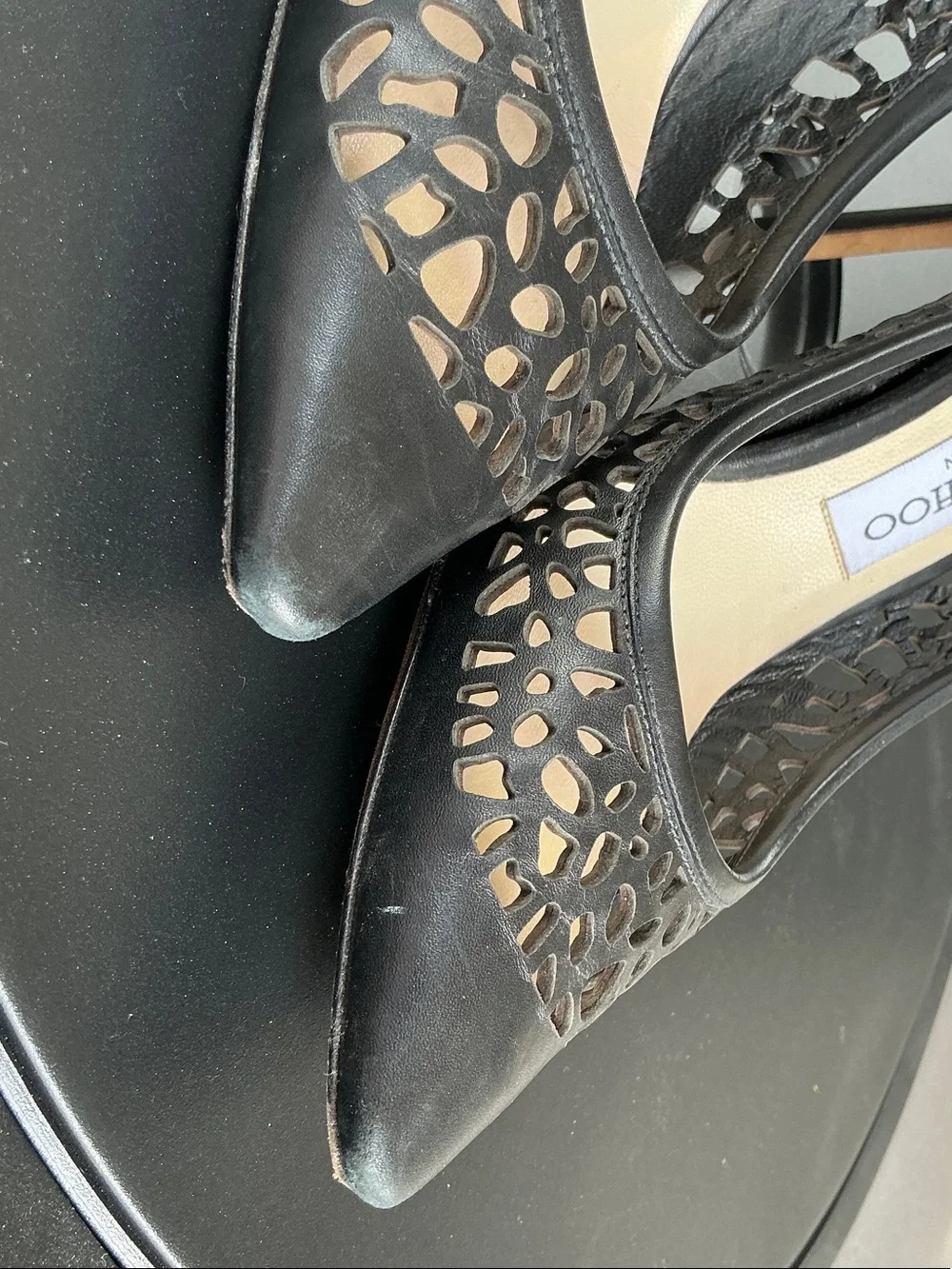 Jimmy Choo Black Laser-cut Kid Leather Romy 85 Pumps